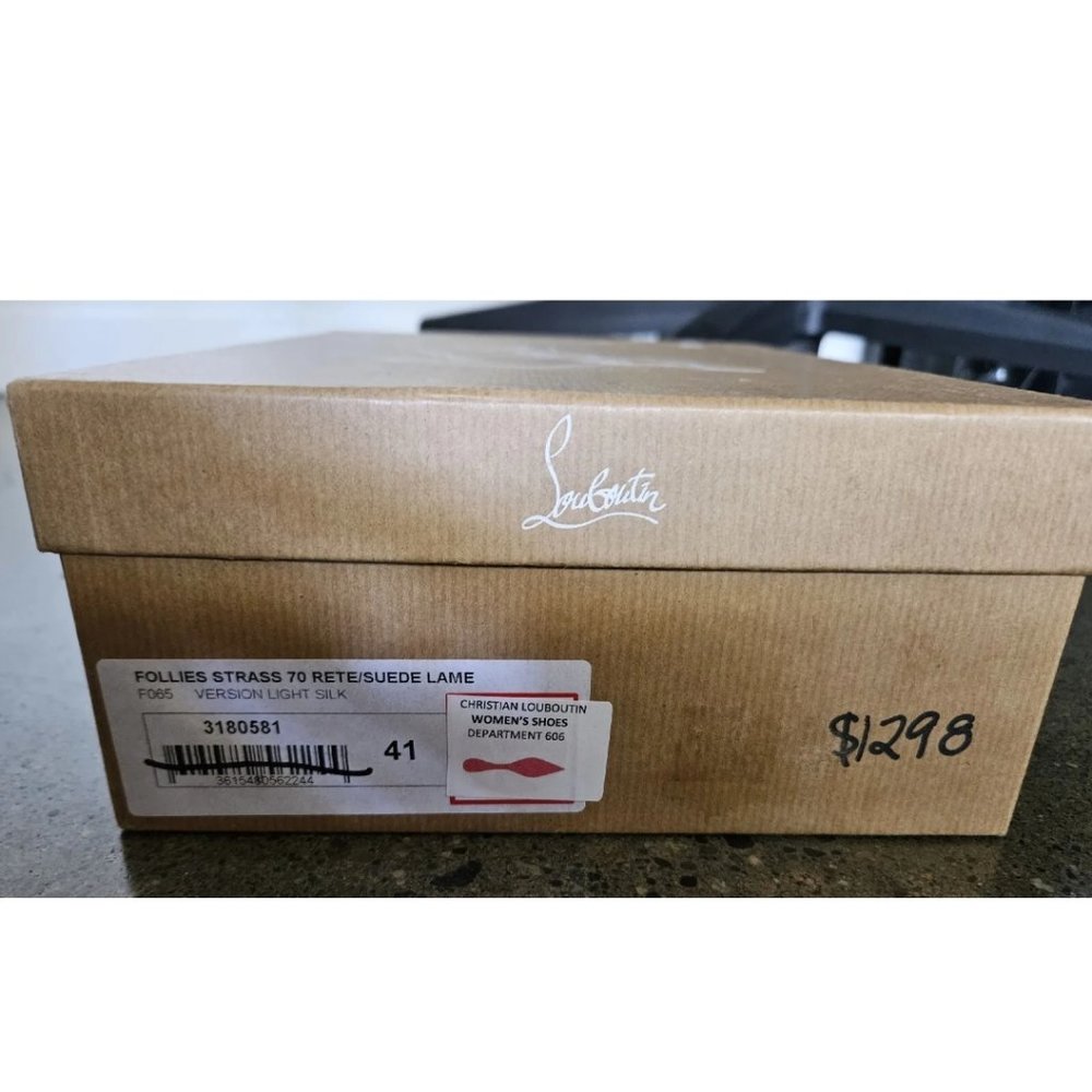 Authentic New Christian Louboutin Follies Strass Sling 70mm Nude Silk Beige Mesh